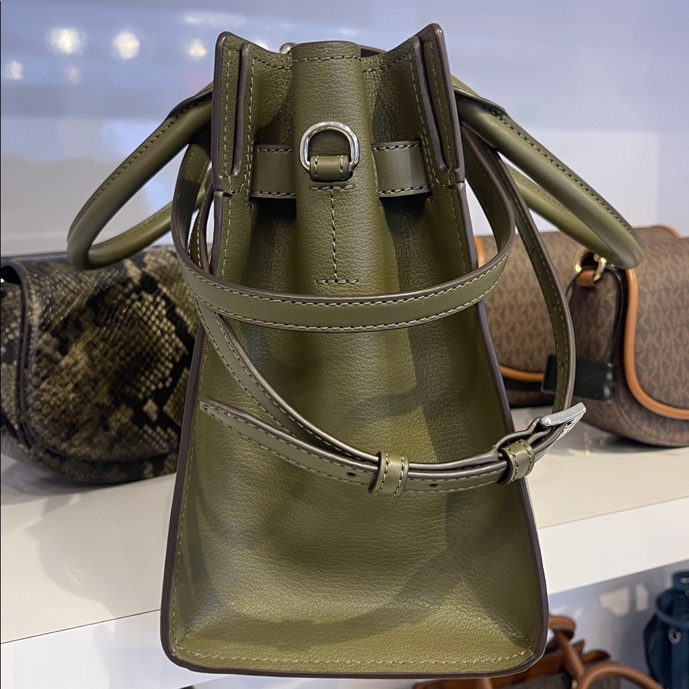MICHAEL KORS Hamilton Md Leather and Snake Embossed Stripe Satchel
Olive 
NWT - Picture 5 of 16